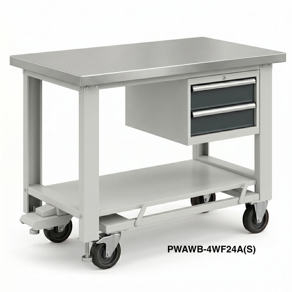 Pedal-Lift Workbench with Retractable Foot-Pedal Casters