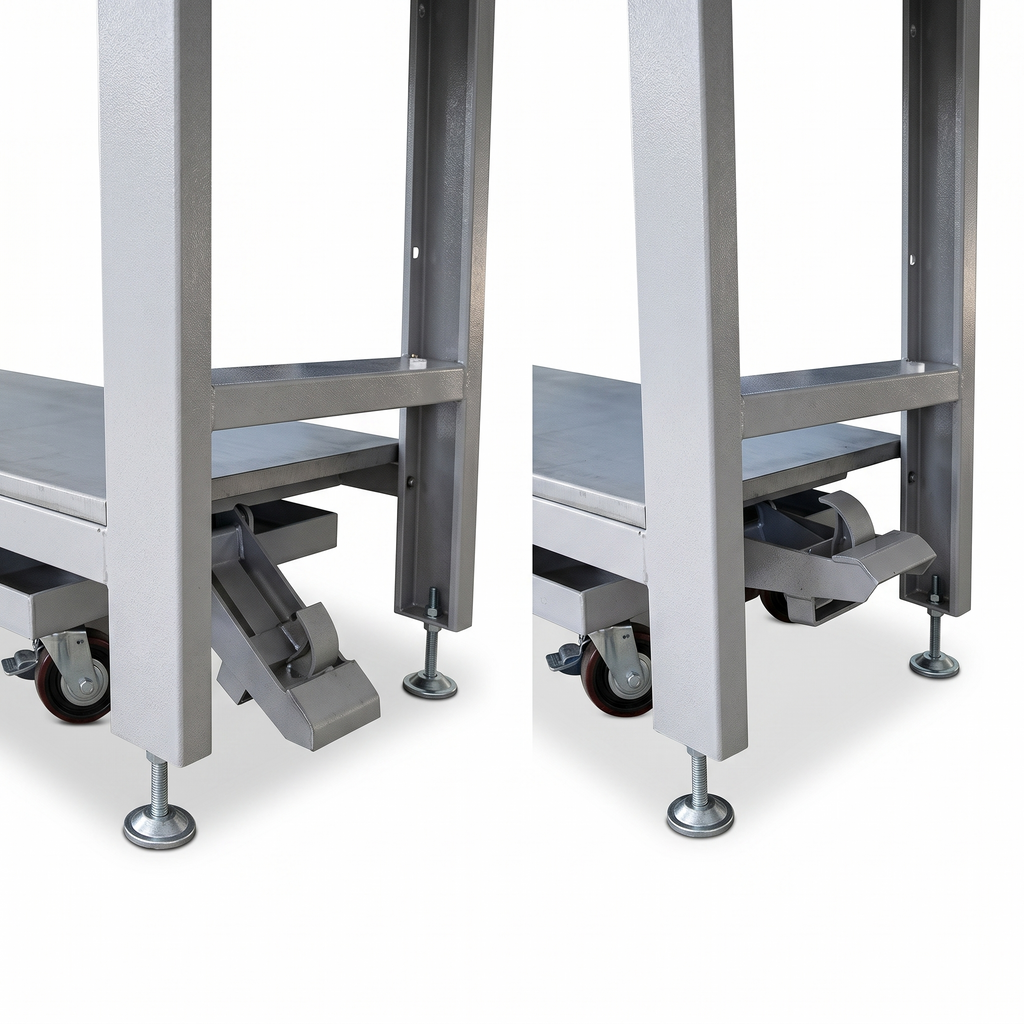 Pedal-Lift Workbench with Retractable Foot-Pedal Casters