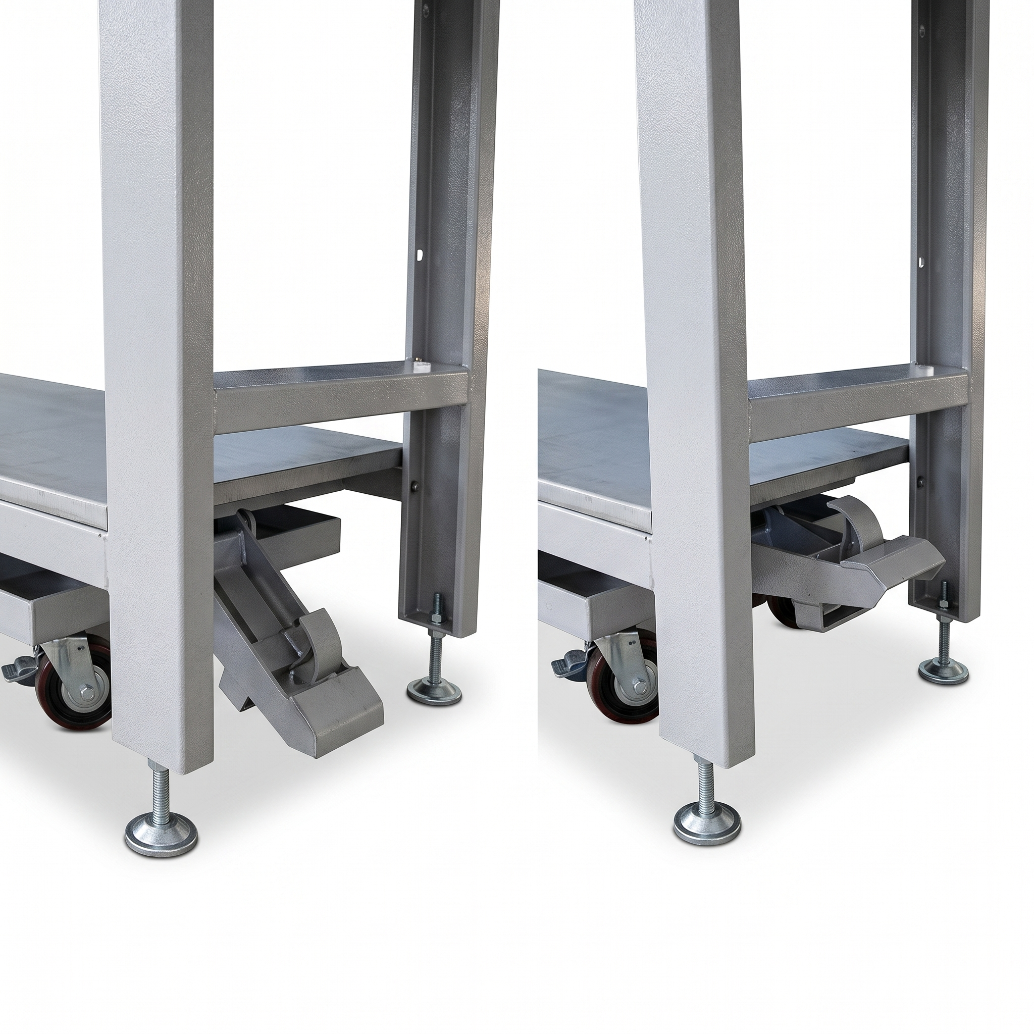 Pedal-Lift Workbench with Retractable Foot-Pedal Casters